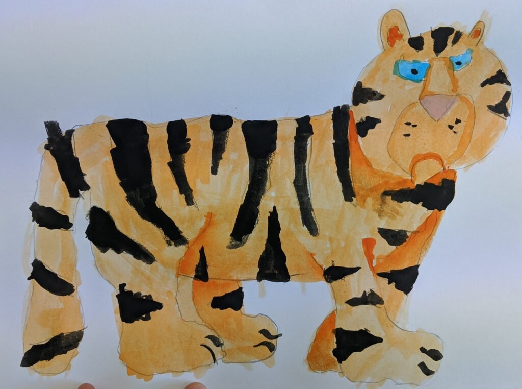 Tiger drawing and painting - The Grove Primary School Kids Art Club Totnes, Devon